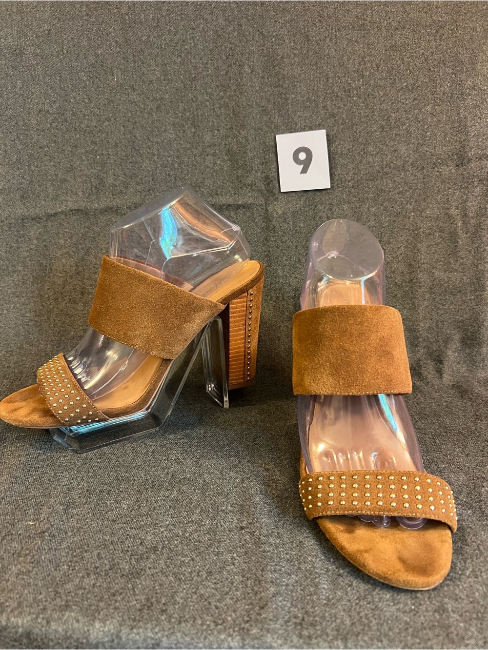 Women’s Suede Studded Block Heel Sandals in cognac brown